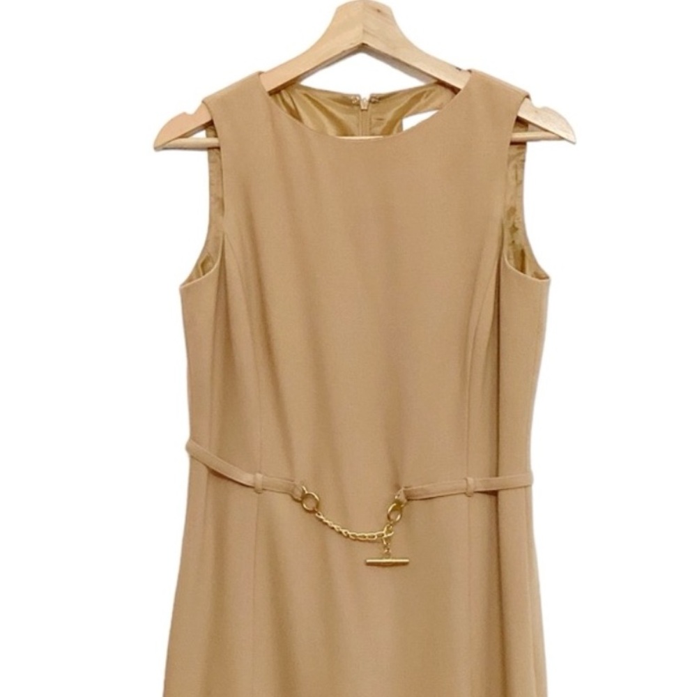 Oscar de la Renta Wool Chain Detail Sheath Dress in Warm Tan Sz 4 - Picture 8 of 15